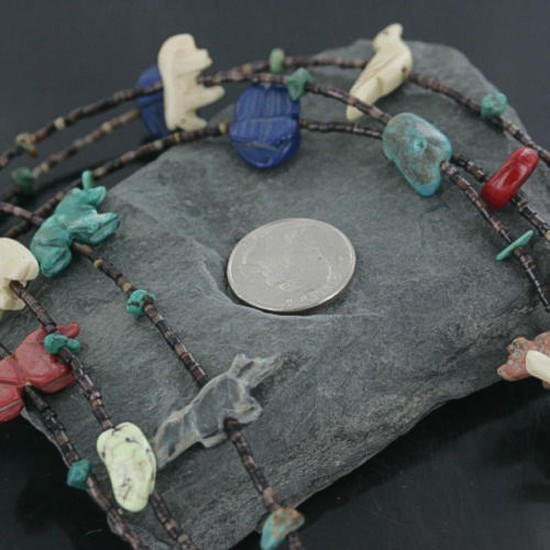 $500 Carved Fetish Certified Authentic 3 Strand Navajo .925 Sterling Silver MultiColor Stones and Turquoise Native American Necklace 370920454832