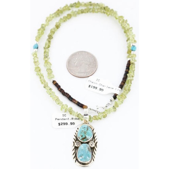 Handmade Certified Authentic Navajo .925 Sterling Silver Peridot and Turquoise Native American Necklace & Pendant 390795467394