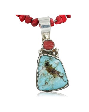 $540 Handmade Certified Authentic Navajo .925 Sterling Silver Natural Turquoise and Coral Native American Necklace 390682386031