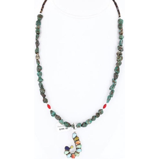 Petit Point Handmade Certified Authentic Zuni .925 Sterling Silver MULTICOLOR and Turquoise Native American Necklace 390786456391