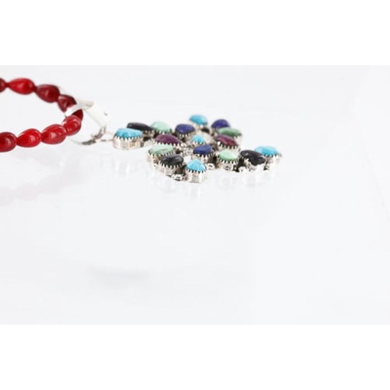 Petit Point Handmade Certified Authentic Zuni .925 Sterling Silver MULTICOLOR and Turquoise Native American Necklace 371016914571