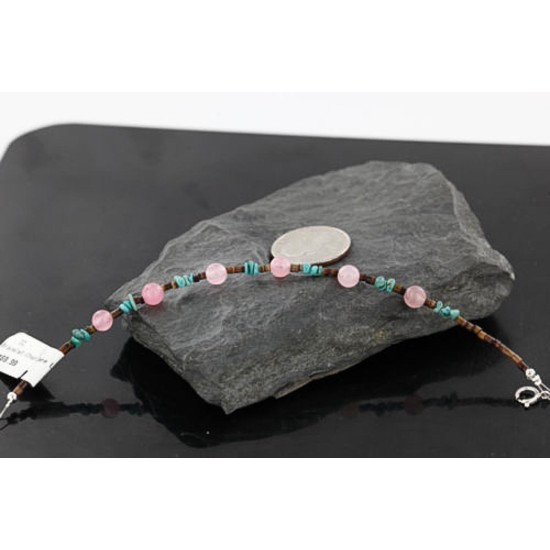 Certified Authentic Navajo .925 Sterling Silver Natural Turquoise and Native American Pink Quartz Bracelet 390742423467