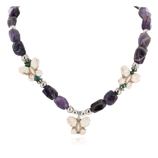Certified Authentic Butterfly Navajo .925 Sterling Silver Natural Turquoise Amethyst Wood Native American Necklace  750198-8