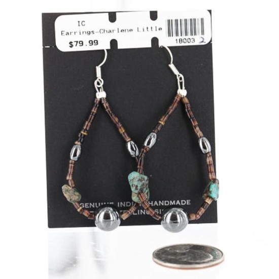 $80 Certified Authentic Navajo .925 Sterling Silver Hooks Natural Turquoise Hematite Native American Earrings 370994156894