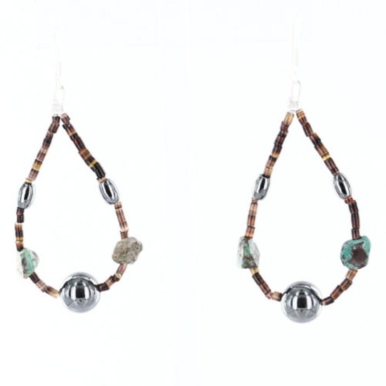 $80 Certified Authentic Navajo .925 Sterling Silver Hooks Natural Turquoise Hematite Native American Earrings 370994156894