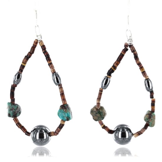 $80 Certified Authentic Navajo .925 Sterling Silver Hooks Natural Turquoise Hematite Native American Earrings 370994156894