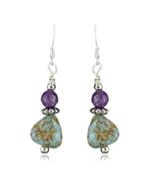 $80 Certified Authentic Navajo .925 Sterling Silver Hooks Natural Turquoise Sugilite Native American Earrings 370962102415