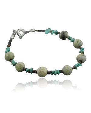 $80 Certified Authentic Navajo .925 Sterling Silver Natural Turquoise Round Gaspeite Native American Bracelet 390734631686
