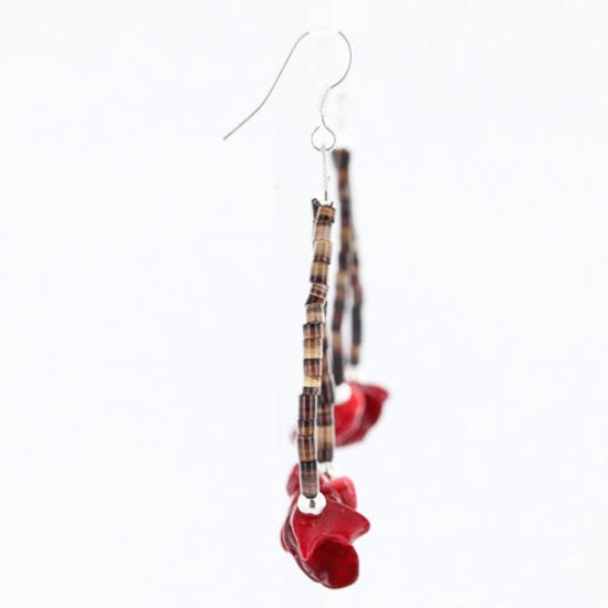 Certified Authentic Navajo .925 Sterling Silver Hooks Natural Coral and Traditional Heishi Native American Earrings 390755545306