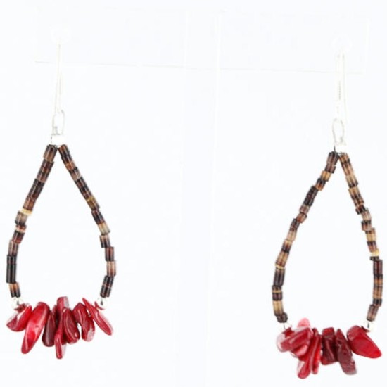 Certified Authentic Navajo .925 Sterling Silver Hooks Natural Coral and Traditional Heishi Native American Earrings 390755545306
