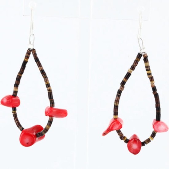 Certified Authentic Navajo .925 Sterling Silver Hooks Natural Coral Traditional Heishi Native American Earrings 390757170941