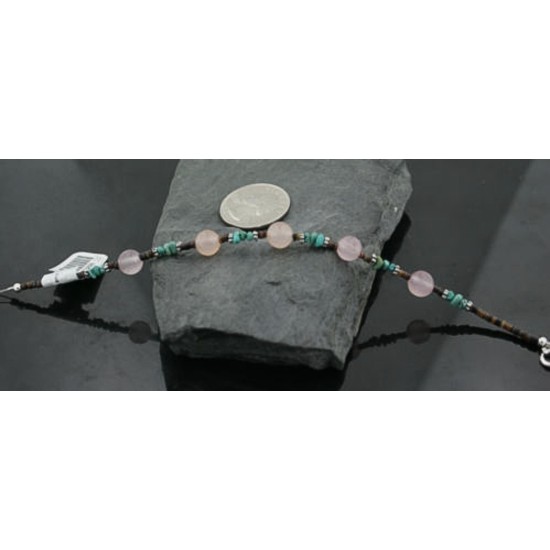 Certified Authentic Navajo .925 Sterling Silver Natural Turquoise and Native American Pink Quartz Bracelet 390734544251