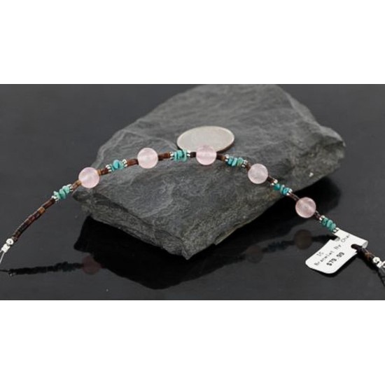 Certified Authentic Navajo .925 Sterling Silver Natural Turquoise and Native American Pink Quartz Bracelet 370976390475