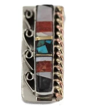 Navajo .925 Sterling Silver Handmade Inlaid Natural Black Onyx Mother of Pearl Spiny Oyster Turquoise Native American Nickel Brass Copper Money Clip 91001-11