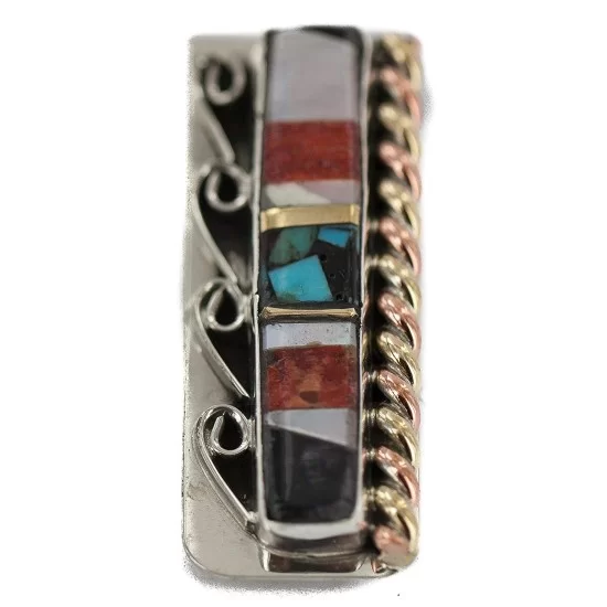 Navajo .925 Sterling Silver Handmade Inlaid Natural Black Onyx Mother of Pearl Spiny Oyster Turquoise Native American Nickel Brass Copper Money Clip 91001-11 Navajo .925 Sterling Silver Handmade Inlaid Natural Black Onyx Mother of Pearl Spiny Oyster Turquoise Native American Nickel Brass Copper Money Clip 91001-11