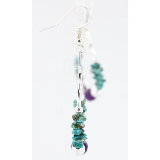Certified Authentic Navajo .925 Sterling Silver Hooks Turquoise and Purple Jade Native American Earrings 390822695594