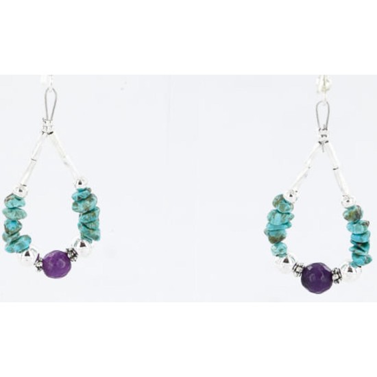 Certified Authentic Navajo .925 Sterling Silver Hooks Turquoise and Purple Jade Native American Earrings 390822695594