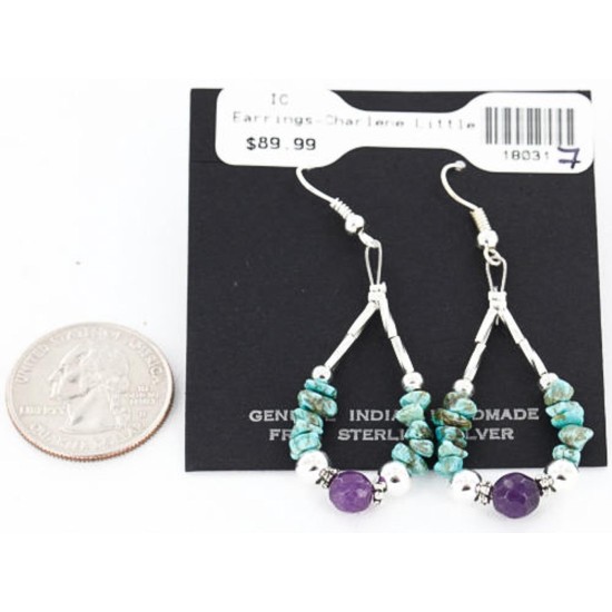 Certified Authentic Navajo .925 Sterling Silver Hooks Turquoise and Purple Jade Native American Earrings 390822695594
