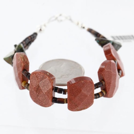 Certified Authentic Navajo .925 Sterling Silver Natural GoldStone and Turquoise Native American Bracelet 370999011306