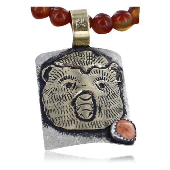 .925 Sterling Silver and 12kt Gold Filled Handmade Bear Certified Authentic Navajo Spiny Oyster Native American Necklace 370979828334