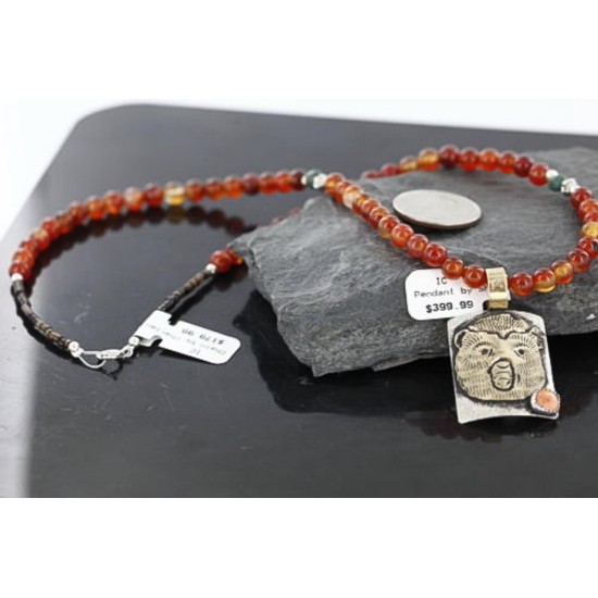 .925 Sterling Silver and 12kt Gold Filled Handmade Bear Certified Authentic Navajo Spiny Oyster Native American Necklace 370979828334