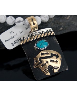 .925 Sterling Silver and 12kt Gold Filled Handmade Bear Certified Authentic Navajo Turquoise Native American Necklace 390655769288