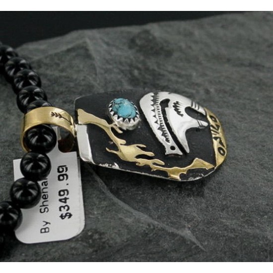 .925 Sterling Silver and 12kt Gold Filled Handmade Bear Certified Authentic Navajo Turquoise Native American Necklace 390667032578