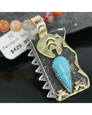 .925 Sterling Silver and 12kt Gold Filled Handmade Bear Navajo Turquoise Native American Necklace 390668990655