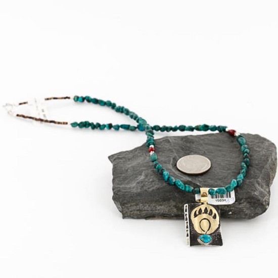 .925 Sterling Silver and 12kt Gold Filled Handmade Bear Claw Certified Authentic Navajo Turquoise Native American Necklace 390743747087