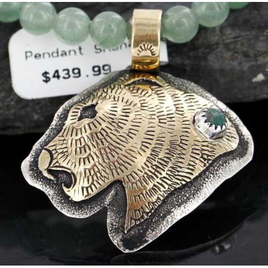 .925 Sterling Silver and 12kt Gold Filled Handmade Bear Face Certified Authentic Navajo Turquoise Native American Necklace 390738144020