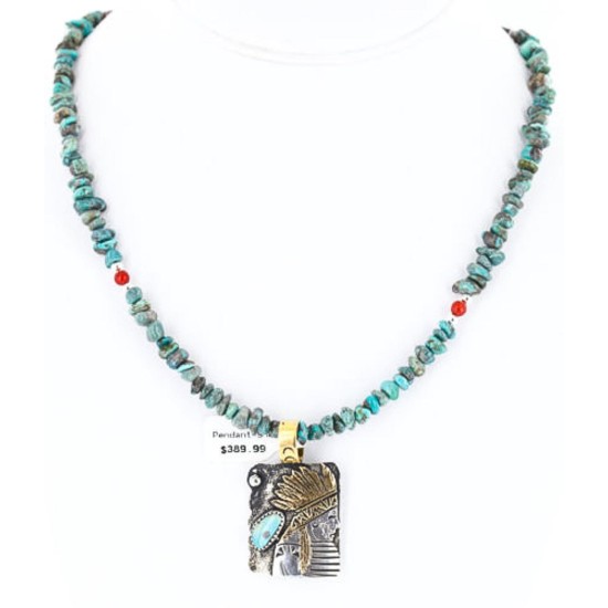 .925 Sterling Silver and 12kt Gold Filled Handmade Certified Authentic Chief Head Navajo Turquoise Native American Necklace 371058158231