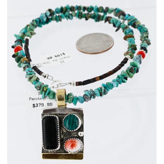 .925 Sterling Silver and 12kt Gold Filled HANDMADE Certified Authentic Multicolor Navajo Turquoise, Malachite and Onyx Native American Necklace 371103193640