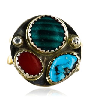 .925 Sterling Silver and 12kt Gold Filled Handmade Certified Authentic Navajo Multi color Native American Ring  12691-4
