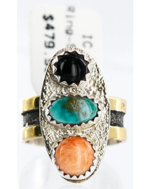 .925 Sterling Silver and 12kt Gold Filled HANDMADE Certified Authentic Navajo MULTICOLOR Native American Ring  371102641397