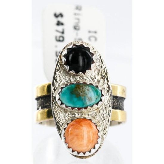 .925 Sterling Silver and 12kt Gold Filled HANDMADE Certified Authentic Navajo MULTICOLOR Native American Ring  371102641397