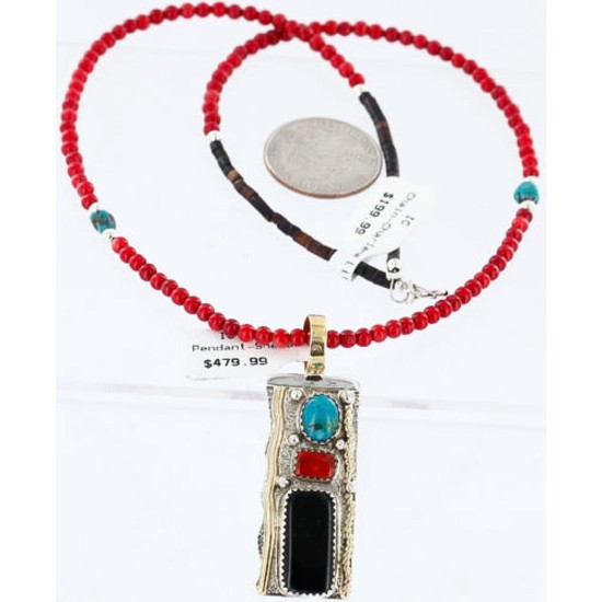 .925 Sterling Silver and 12kt Gold Filled Handmade Certified Authentic Navajo MULTICOLOR Stones and Turquoise Native American Necklace 371059503595