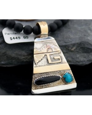 .925 Sterling Silver and 12kt Gold Filled Handmade Certified Authentic Navajo Turquoise and Black Onyx Native American Necklace 370920444490