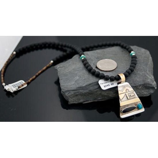 .925 Sterling Silver and 12kt Gold Filled Handmade Certified Authentic Navajo Turquoise and Black Onyx Native American Necklace 370920444490