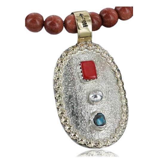 .925 Sterling Silver and 12kt Gold Filled Handmade Certified Authentic Navajo Turquoise and Coral Native American Necklace 390722843786