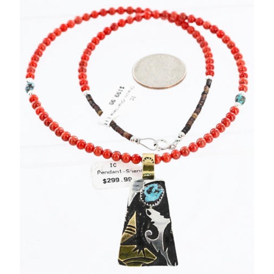 .925 Sterling Silver and 12kt Gold Filled Handmade Certified Authentic Navajo Turquoise and Coral Native American Necklace 390890001662
