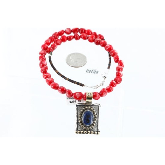 .925 Sterling Silver and 12kt Gold Filled Handmade Certified Authentic Navajo Turquoise, CORAL and LAPIS Native American Necklace 371006952523