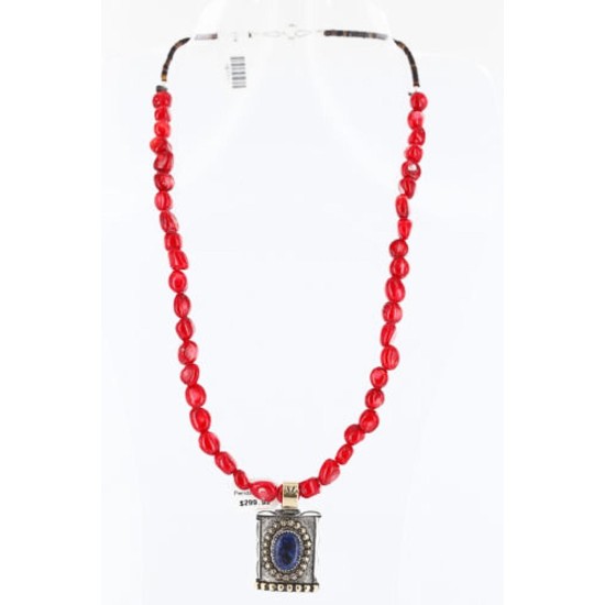 .925 Sterling Silver and 12kt Gold Filled Handmade Certified Authentic Navajo Turquoise, CORAL and LAPIS Native American Necklace 371006952523
