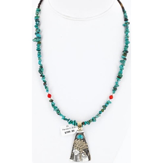 .925 Sterling Silver and 12kt Gold Filled Handmade Chief Head Certified Authentic Navajo Turquoise Native American Necklace 390820016316