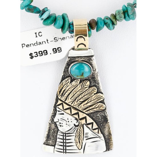 .925 Sterling Silver and 12kt Gold Filled Handmade Chief Head Certified Authentic Navajo Turquoise Native American Necklace 390820016316