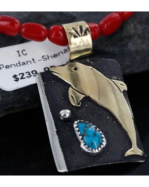 .925 Sterling Silver and 12kt Gold Filled Handmade Dolphin Navajo Turquoise Native American Necklace 370986901401