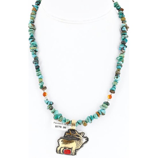 .925 Sterling Silver and 12kt Gold Filled Handmade ELK Certified Authentic Navajo CORAL and Turquoise Native American Necklace 390829370064