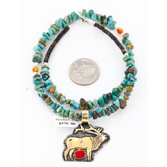 .925 Sterling Silver and 12kt Gold Filled Handmade ELK Certified Authentic Navajo CORAL and Turquoise Native American Necklace 390829370064