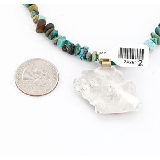 .925 Sterling Silver and 12kt Gold Filled Handmade ELK Certified Authentic Navajo CORAL and Turquoise Native American Necklace 390829370064