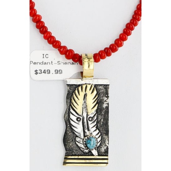 .925 Sterling Silver and 12kt Gold Filled HANDMADE Feather Certified Authentic Navajo Turquoise and Coral Native American Necklace 371102900292