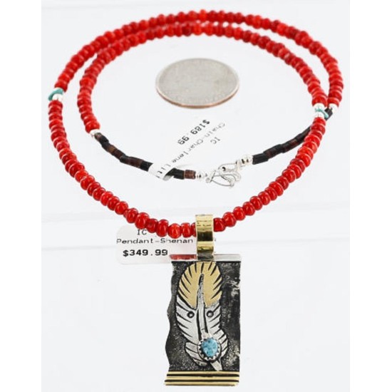 .925 Sterling Silver and 12kt Gold Filled HANDMADE Feather Certified Authentic Navajo Turquoise and Coral Native American Necklace 371102900292